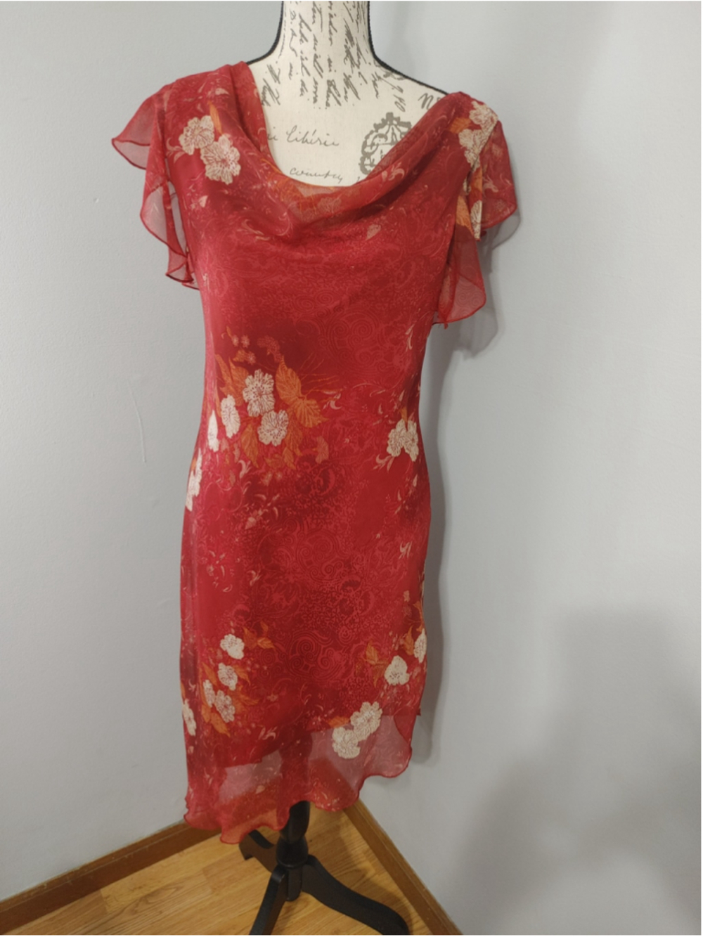 Vintage Y2K Alyn Paige Floral Midi Dress Red Cowl Neck Flutter Sleeve Size 10